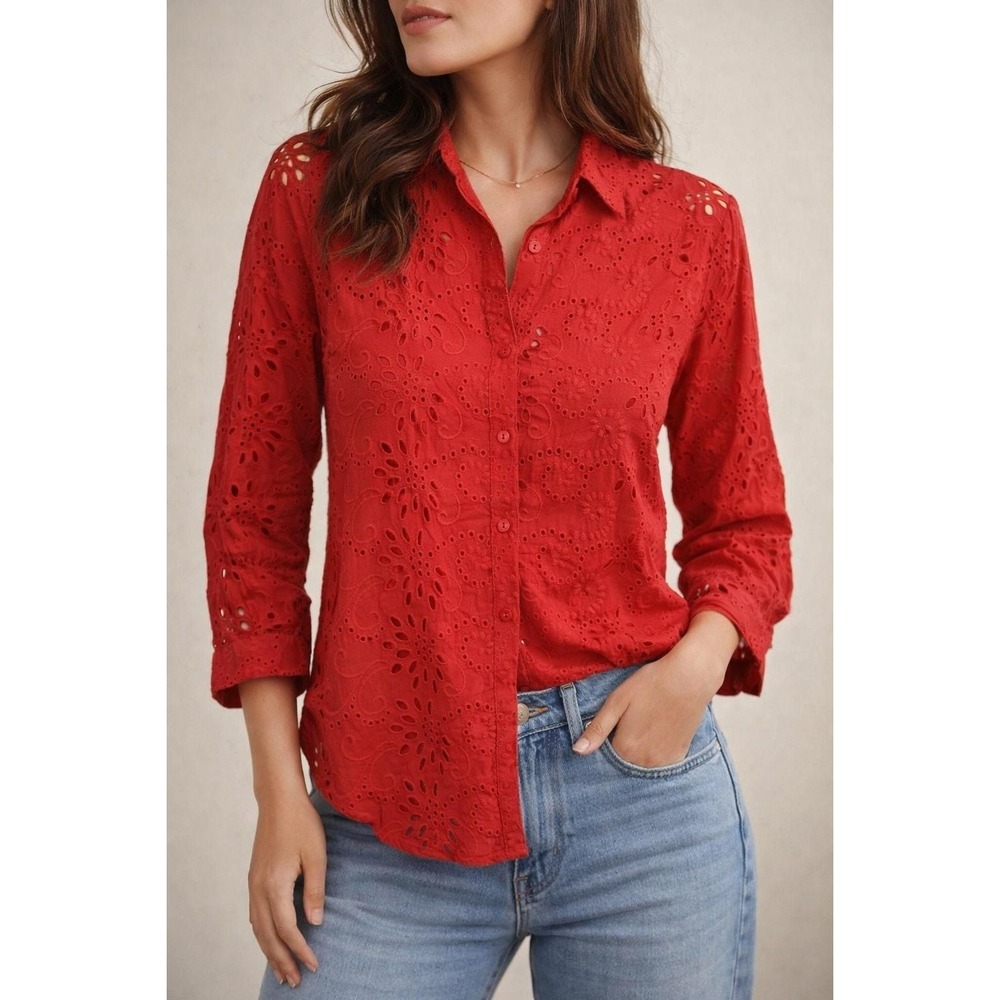 ZARA Red Eyelet Romantic Casual Button-Up Blouse Medium-pre-owned-fair‎